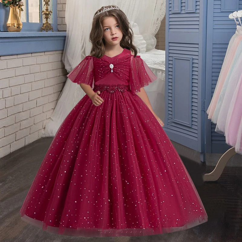 4-14Y Lace Teenagers Kids Girls Wedding Long Dress elegant Princess Party Pageant Christmas Formal Sleeveless Dress Clothes