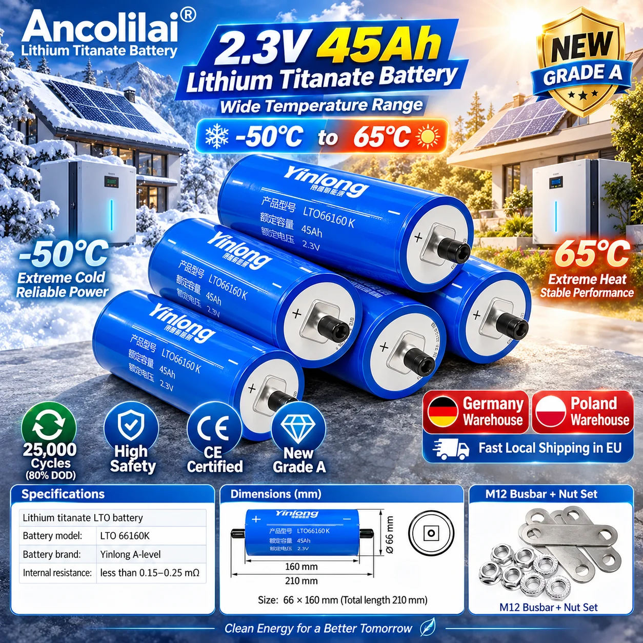 Cella batteria al litio titanato Yinlong LTO 66160K, 2,3V nominale 45Ah, per progetti di pacchi solari off-grid, durata di 30.000 cicli al 80% DOD, intervallo di funzionamento da -50°C a 65°C,