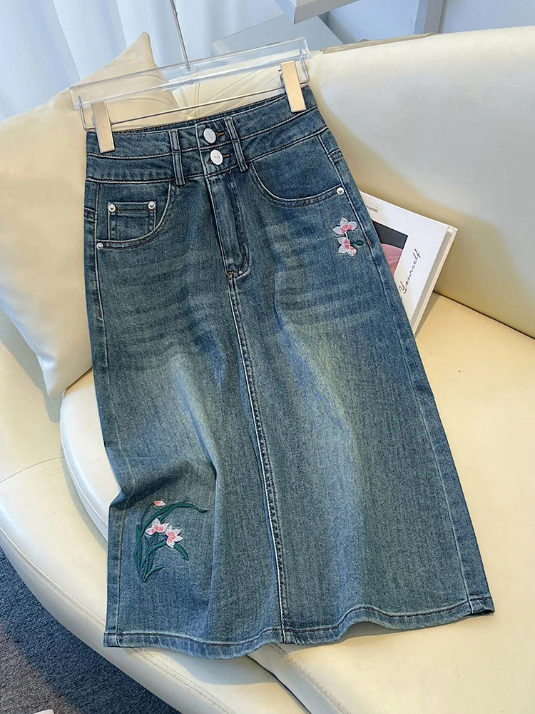 

Джинсовая юбка с вышивкой и высокой талией, женская, летняя, 2024, новая, в стиле ретро, китайский стиль, маленький размер, облегающая юбка-карандаш