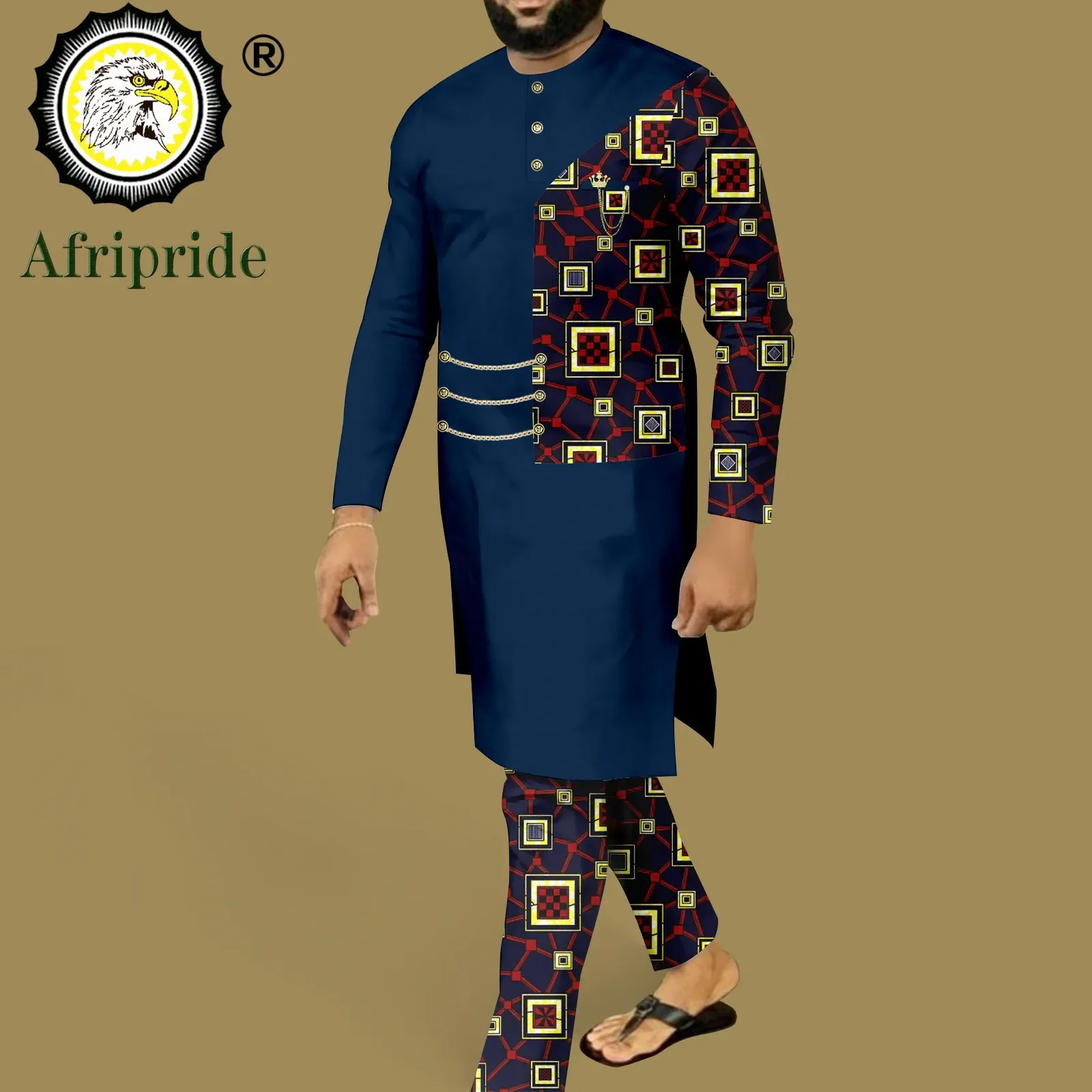 African Suits for Men Single Breasted Chain Long Shirts and Pant 2 Piece Set Print Outfits Dashiki Clothes for Wedding A2316034