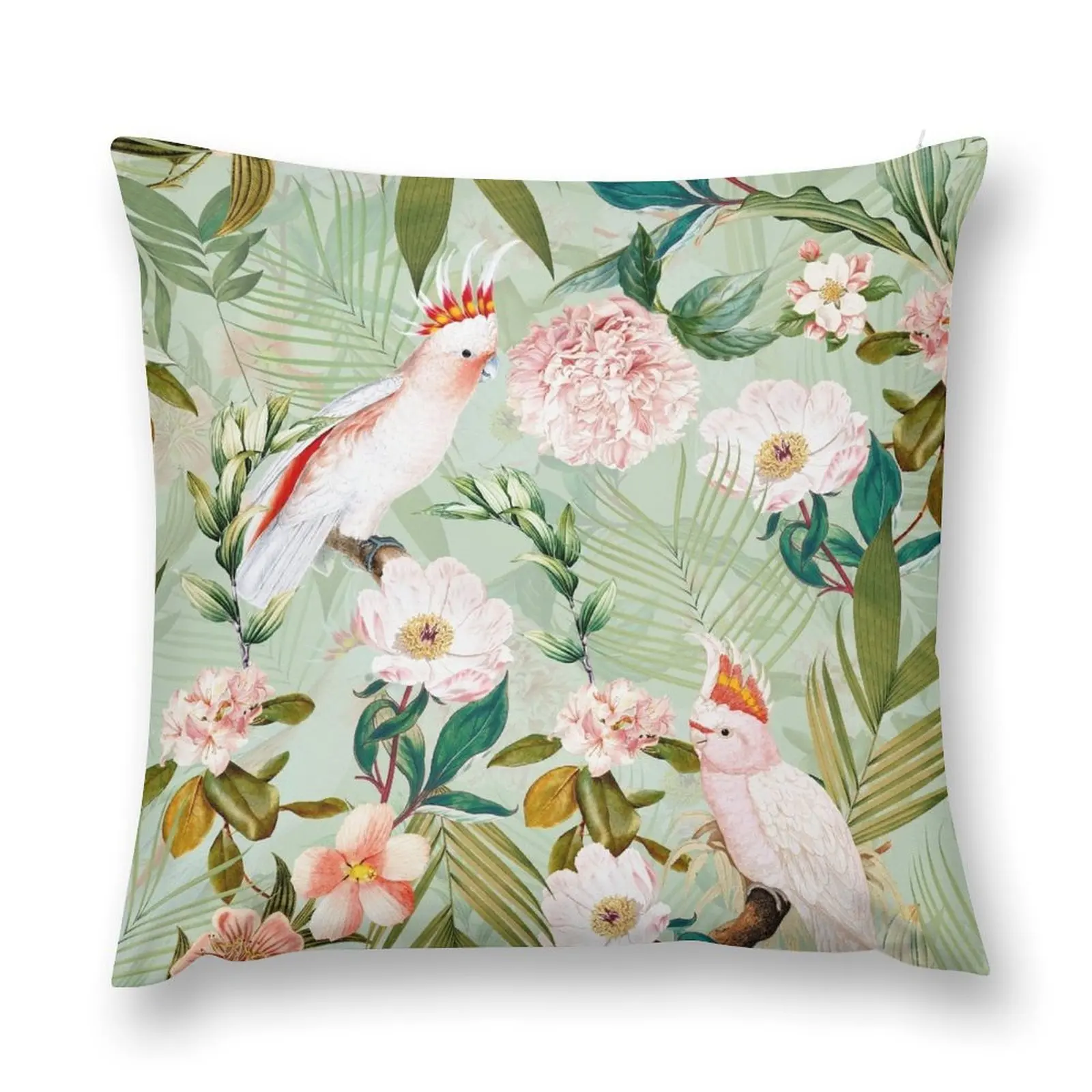 

Tropical cockatoo and jungle Botanical Garden pattern - mint Throw Pillow Christmas Pillow luxury throw pillow covers