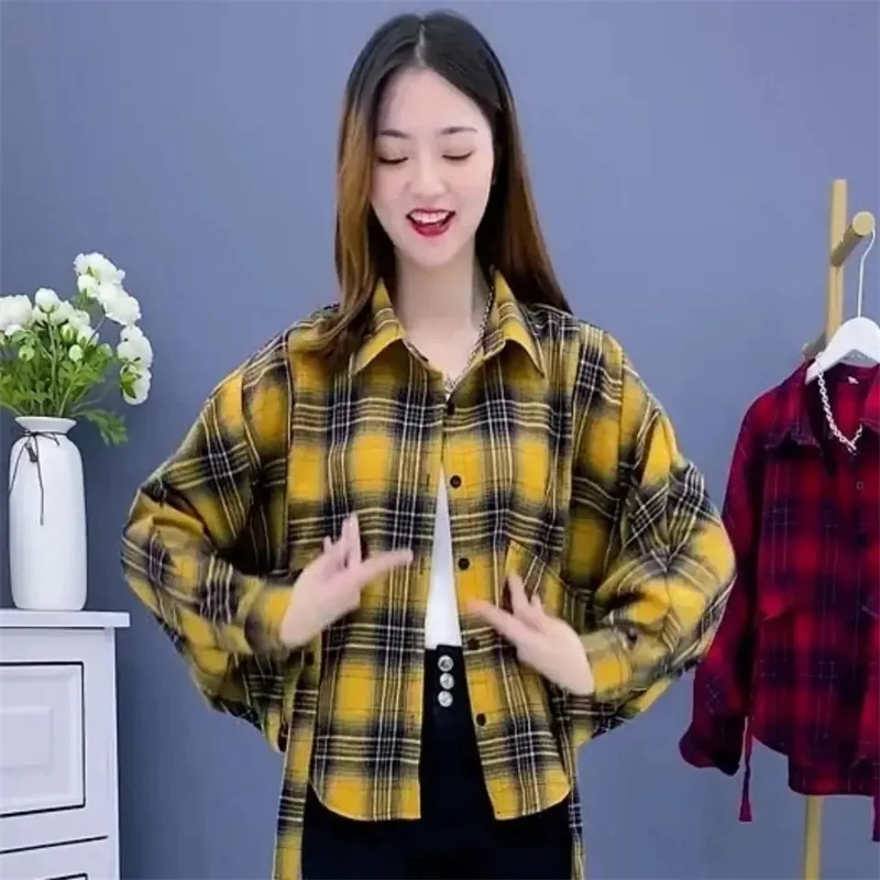 Fashion POLO collar Plaid Shirt For Women New 2025 Spring And Autumn Outfit Women's Bat Sleeve Cardigan Trendy Clothing Plus Siz