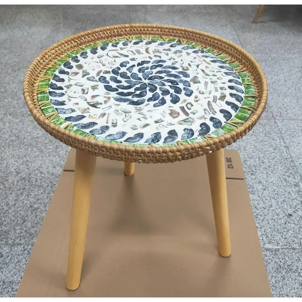 Pearl Inlay Coffee Table, Round Rattan Accent Table, Handcrafted 3-Legged Rattan Tray, Versatile Side Table for Living Spaces an