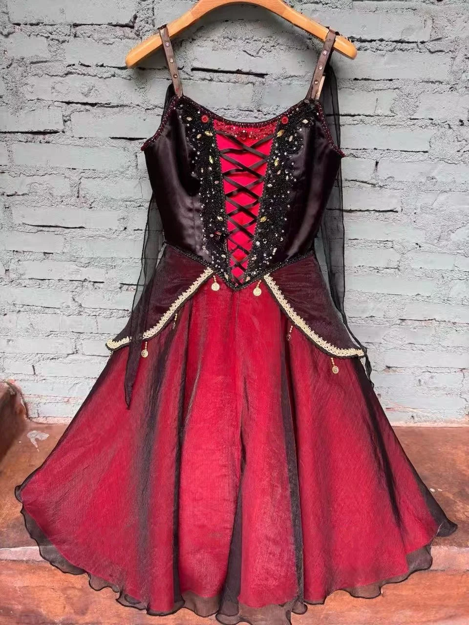 Esmeralda women's variation ballet skirt custom red, black, gold sparkling diamond flowing long gauze skirt