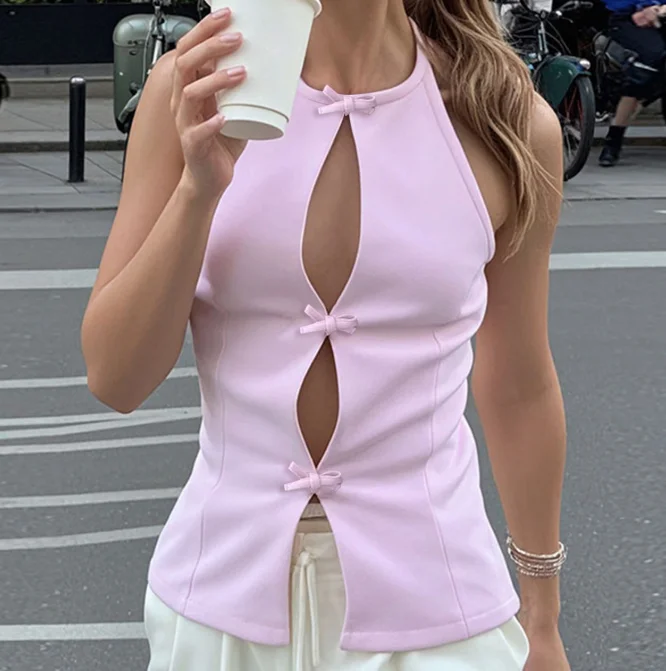 Women's Vest Street Fashion 2025 Spring Summer Y2K Sexy Hot Girl Hollow Solid Color Cardigan Tie Up Top Shipped Within 48 Hours