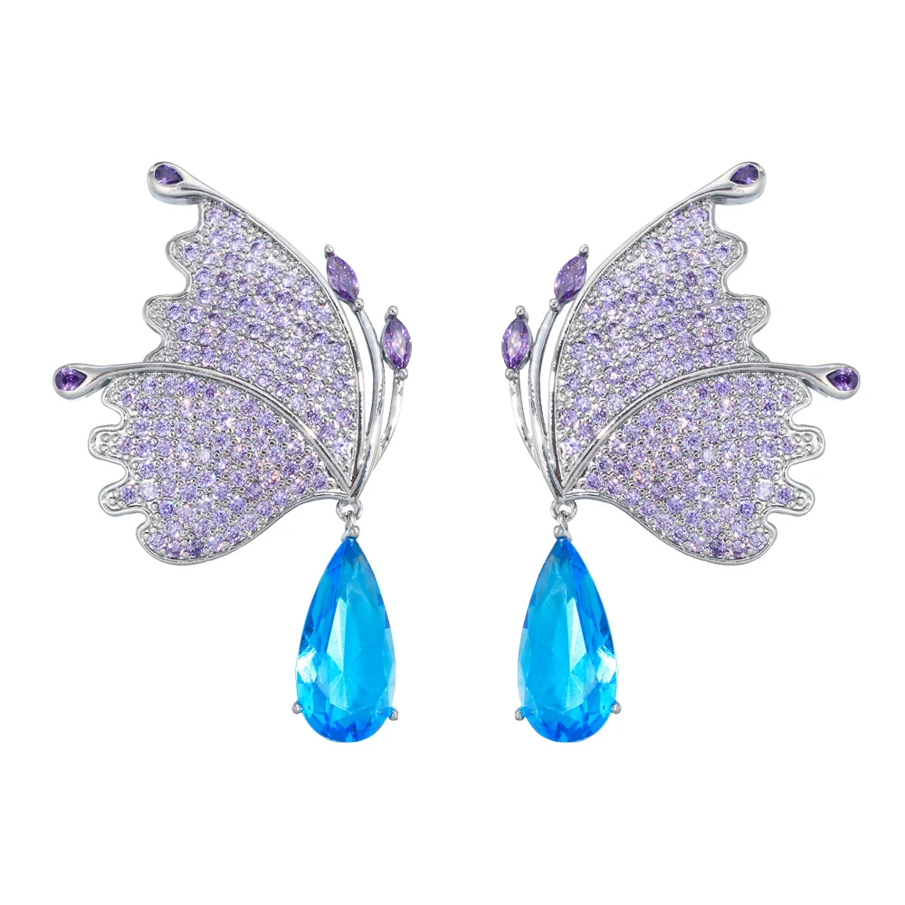 Creative Design Light Blue Water Drop Cubic Zirconia Crystal Long Big Butterfly Dangle Earrings for Women Wedding Party E0749