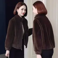 Manteau en Fourrure de Vison pour Femme, Slim, Col Montant, Court, Noir, Automne Hiver, Dadt, Doux, Fausse Peluche, Pardessus, Nouveau