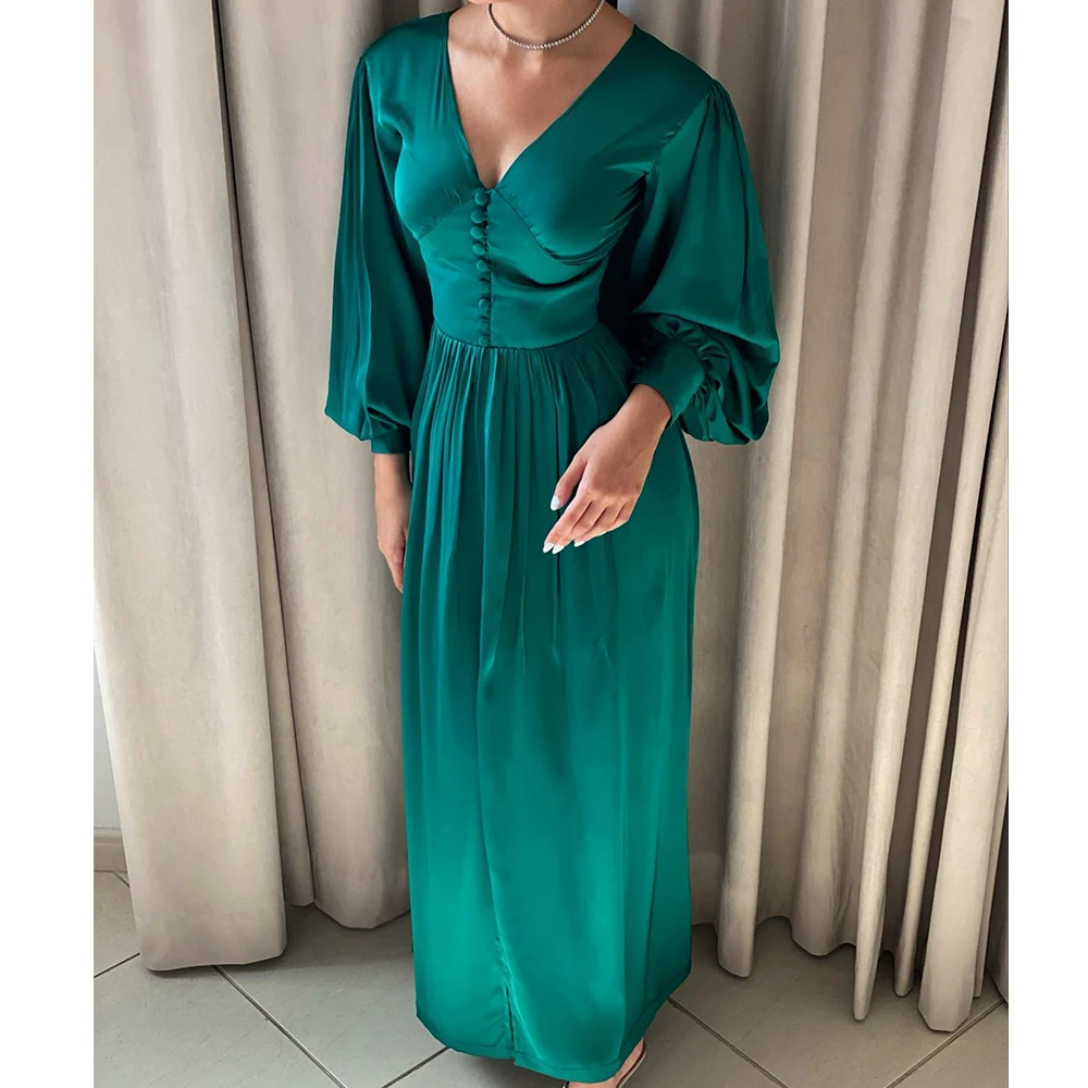 

Customized Jersey Straight V-Neck Buttons Evening Dress Long Sleeves Floor Length Solid Color Fashion Vestidos para mujer