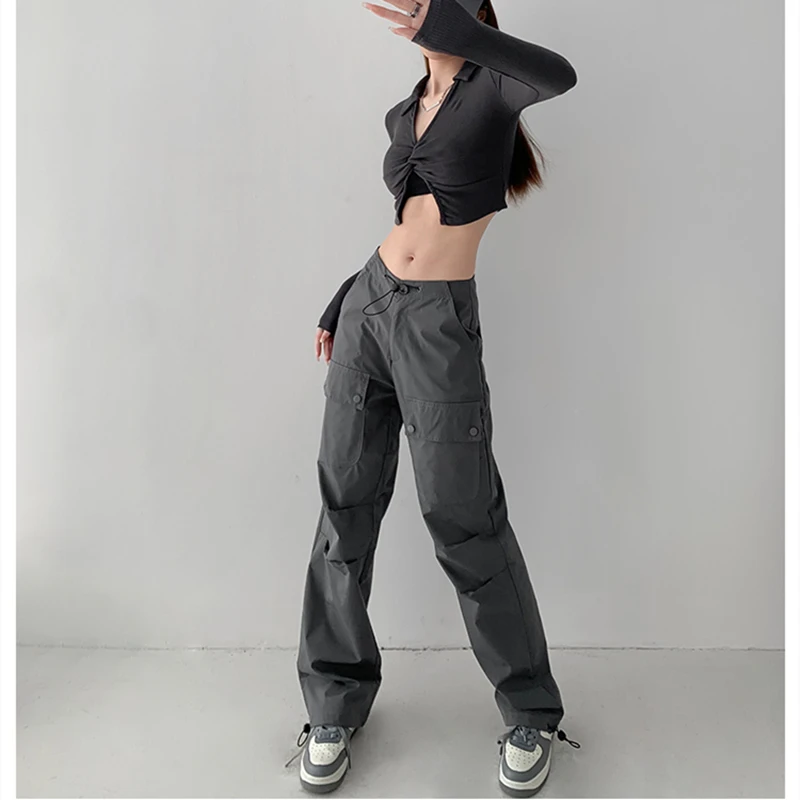 

Black Woman Cargo Pants High Waist Vintage Straight Trouser America Streetwear Harajuku Grey Casual Drawstring Cargo Sweat Pants