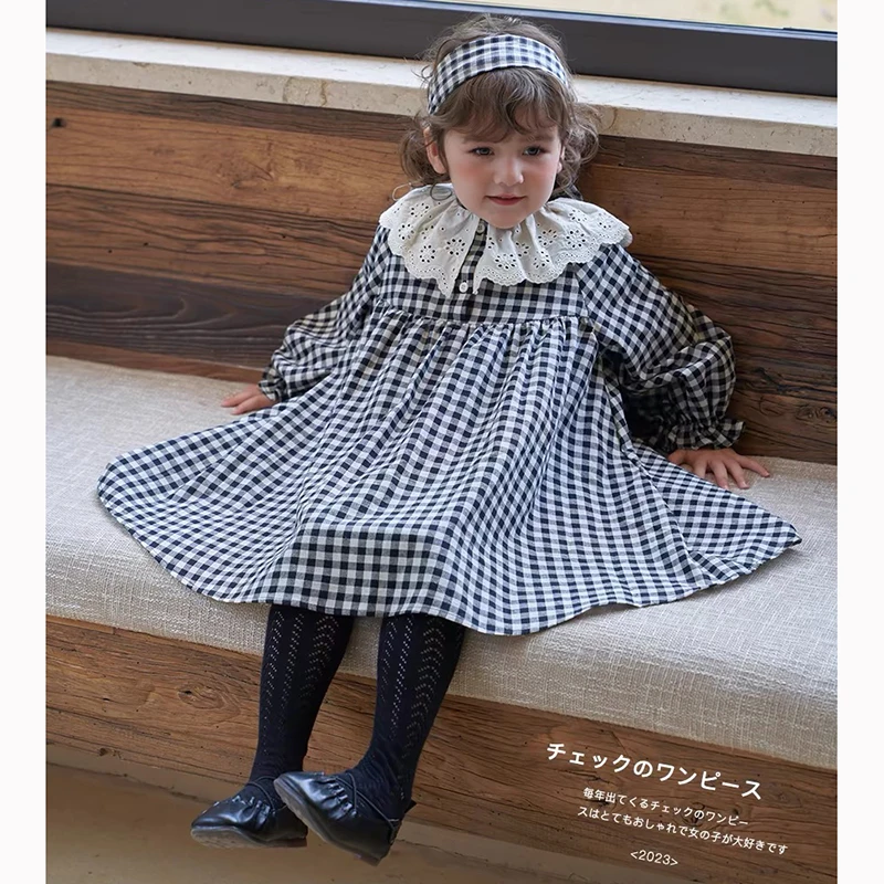 

Autumn Children Girl Vintage Dress Spring Turn Down Collar 2-7Yrs Princess Dress Black White Grid Long Sleeve Baby Girls Dress
