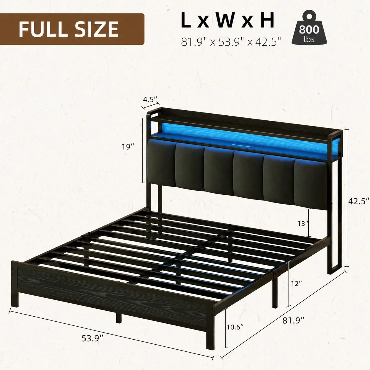 Full Size Upholstered Bed Frame With LED & Charging Station, Storage Headboard, Metal Slats, No Box Spring, Grey, Customized