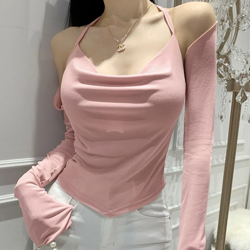 Faionable ort Sexy Crop Top And Vest Set for Women Ne Hanging Design Elastic Long Sve Sweater Korean Sle Winter Wear