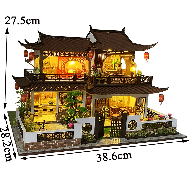 DIY Wooden Doll House Miniature Building Kits Chinese Villa Dollhouse With Furniture Light Big Casa Toys for Girls Birthday Gift