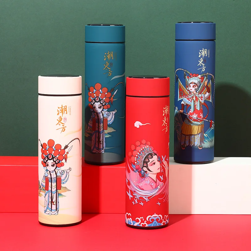 Thermal Mug Water Bottle Thermos Chinese Style Ins Illustration Vacuum Flask Stainless Steel Display Temperature Water Cup