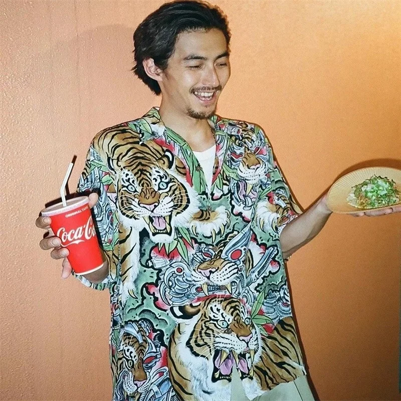 Pdmcms 23ss ティム レヒ フレイム タイガー フルプリント キューバンカラー レーヨン ハワイアン 半袖シャツ メンズ