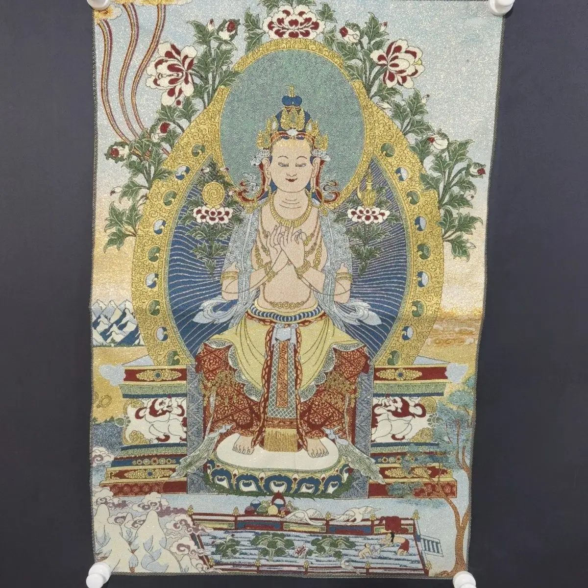 Maitreya Buddha Thangka Tapestry Tibetan Future Bodhisattva Embroidery Wall Art Worship Meditation Hanging Mural