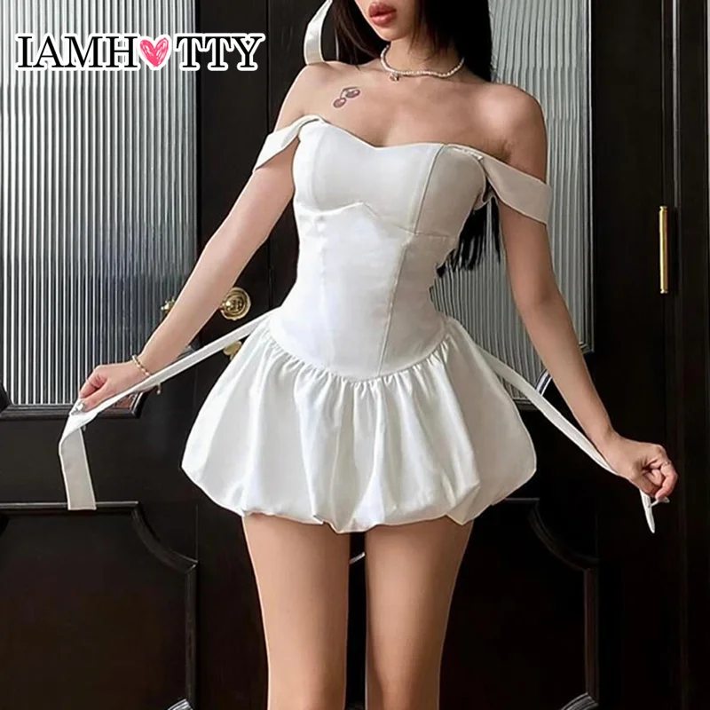 

IAMHOTTY Elegant A-line Bud Satin A-line Dress for Holiday Party French Style Backless Tie-up Bow Mini Sundress Princess Robe