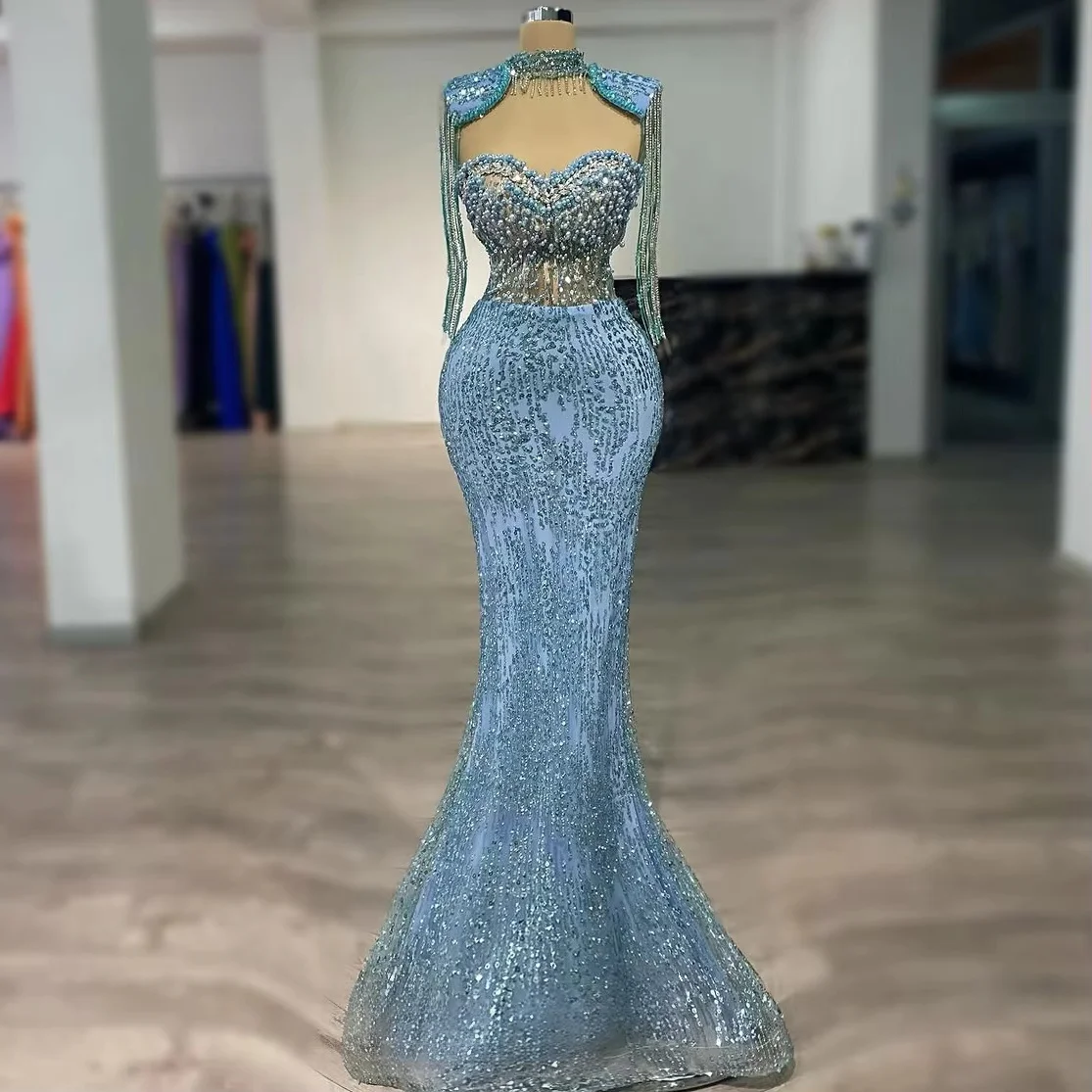Sky Blue Long Sleeves Middle Eastern Evening Dresses Luxury Pearls Saudi Arabia Dubai Robe De Soiree Prom Dress Gown Customized