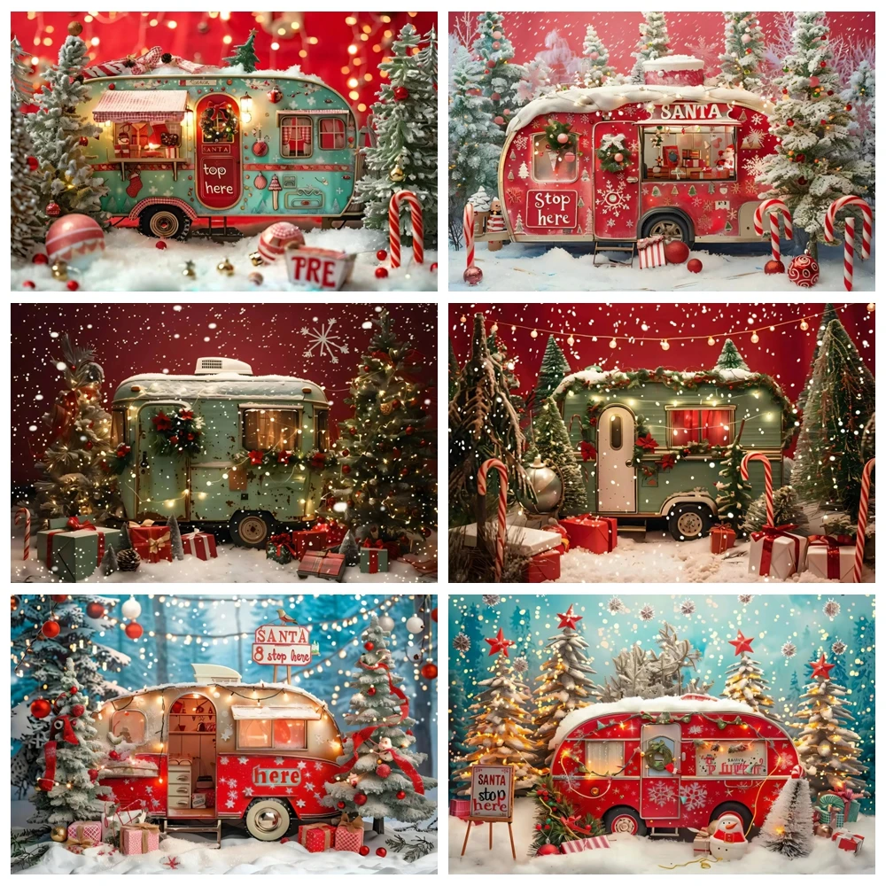 

Christmas Camping Car Backdrops Winter Snow Forest Glitter Light Xmas Tree Outdoor Holiday Portrait Photography Background Decor