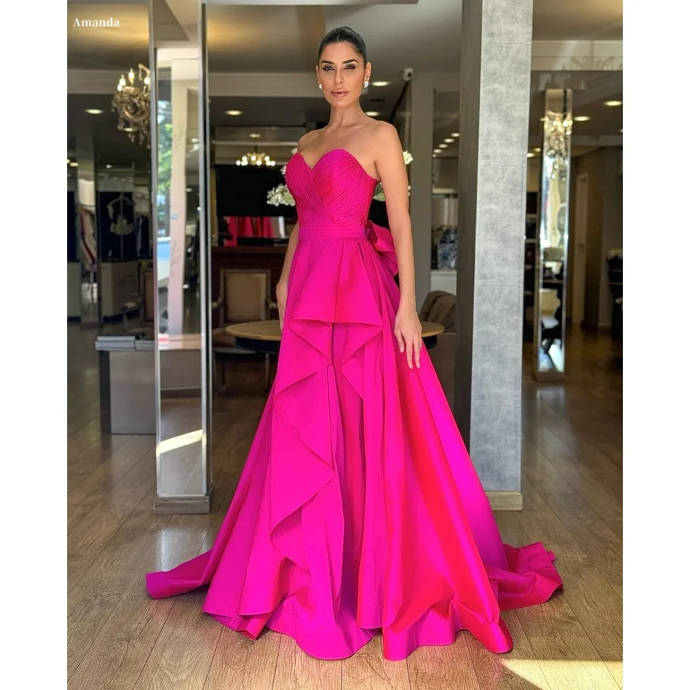 

Amanda Customized Rose Red Bow Strapless Prom Dresses Satin A-line Sleeveless vestidos de noche Floor-Length Formal Evening
