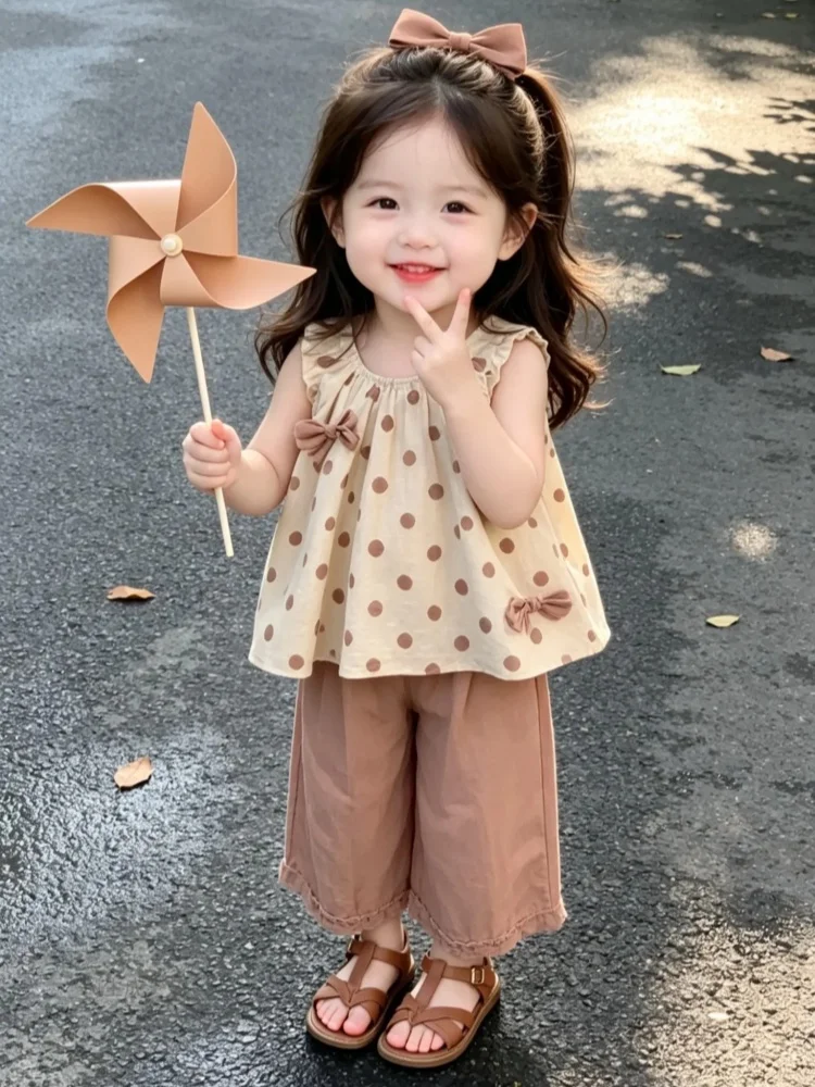 高品質ポルカドットベストカジュアルツーピースセット-女の子用サマーウェア-子供用おしゃれベビー服-綿ポリエステル素材