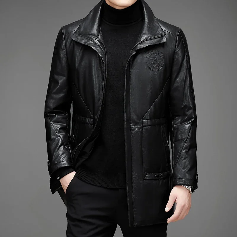 2024- New Men's Business British Style Solid Color Trend British Style Casual Fashion Lapel Sheepskin Jacket Leather Jacket