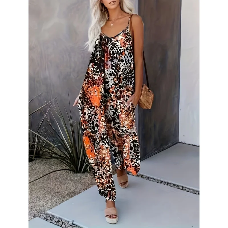 

New European and American Style Women's Long PantsULoose Sexy Wide-Leg Jumpsuit with Printed Collar and Straps