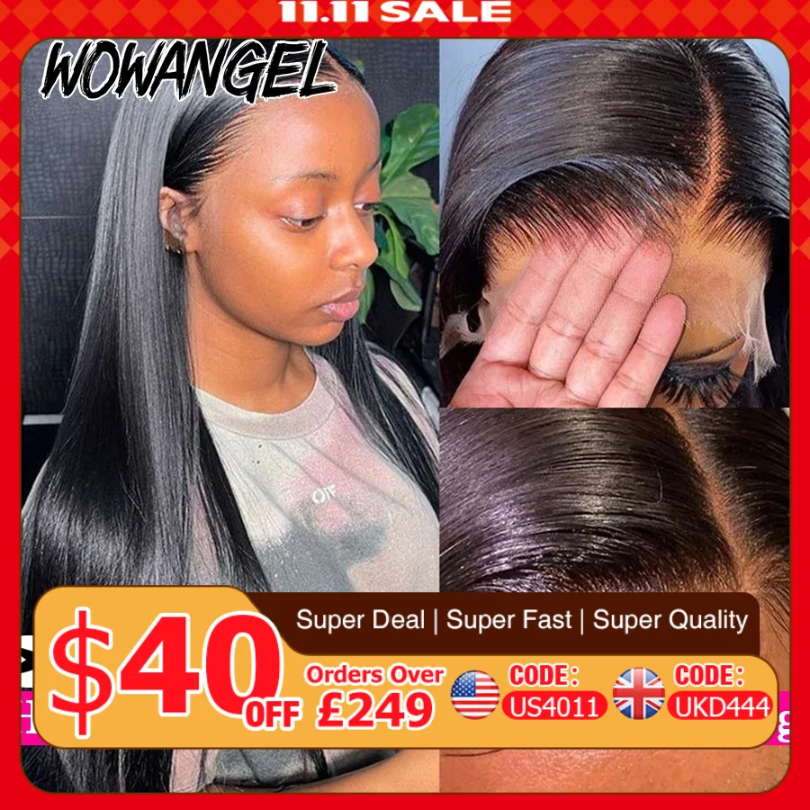 Wow Angel 34in 13x6 HD Lace Frontal Wigs Jet Black Straight Human Hair Wigs Melt Skins Pre Plucked Brazilian Hair For Women