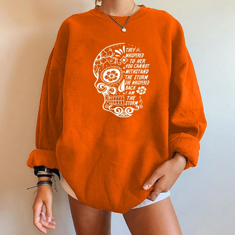 They Whispered To Her Funny Skull Print Women Sweatshirts Streetwear Casual Long Sleeve Drop-shoulder Oversized Sweatshirt  Tops