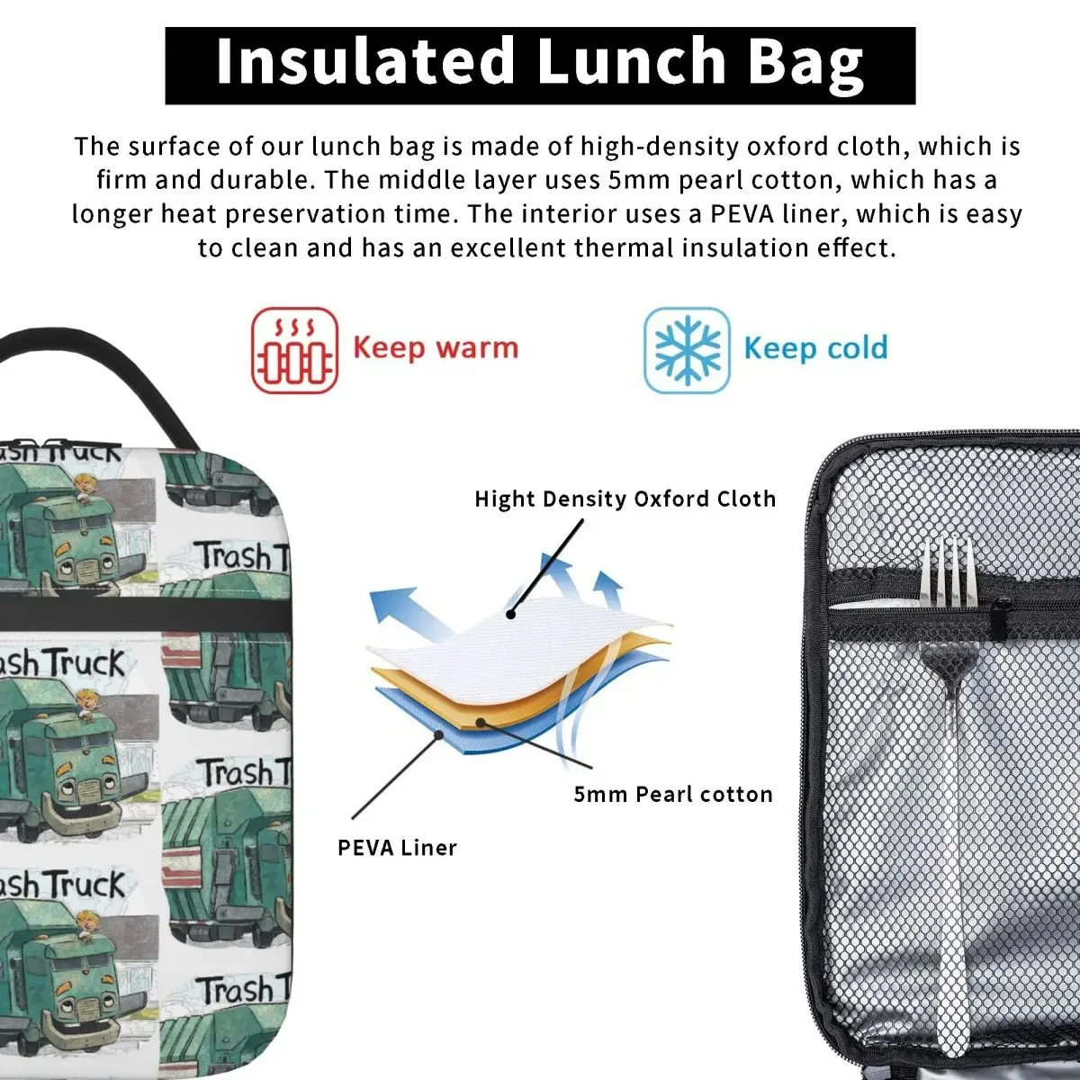 Trash Truck Cartoon Netflix Insulated Lunch Bag for Women Kids Leakproof Food Boxes Thermal Lunch Box Tote