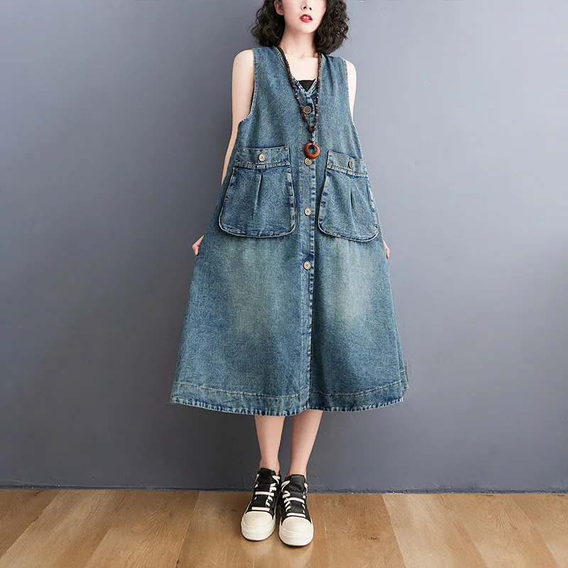 Hot Women Loose Denim Dress Ladies Big Pocket Retro Sleeveless Denim Dress Female Korean Summer Women\'S Clothing Vest Dresses