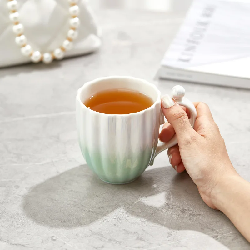 

370/450ml Gradient Ceramic Mug With Lid Spoon Girl's Birthday Party Gift High Beauty Home Breakfast Water Cup Coffee Mug