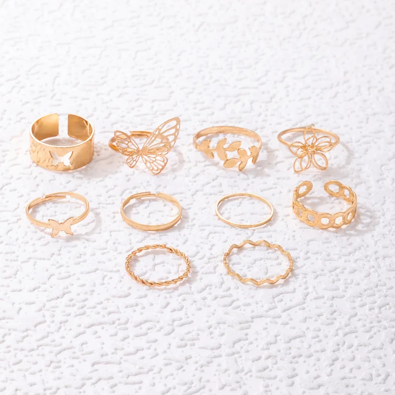 Conjunto de anillos huecos trenzados geométricos para mujer, Set de 10 piezas de flores, hojas de mariposa, abalorio para mujer, regalo de joyería