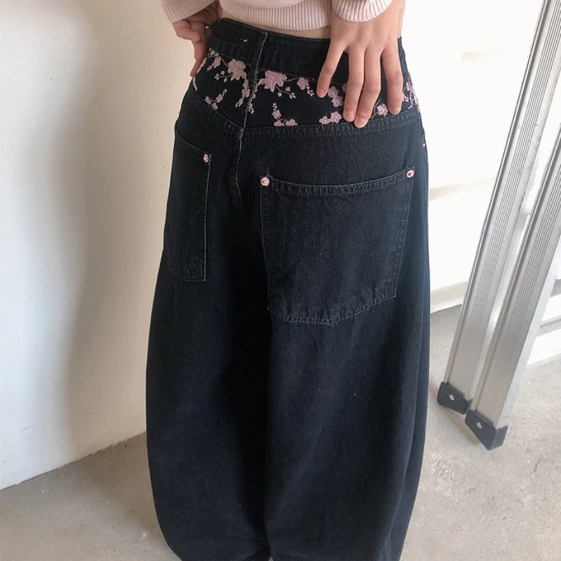 

2026 Four Seasons Hot Selling New High Waist Cherry Blossom Embroidery Pattern Wide Leg Loose Jeans for Women