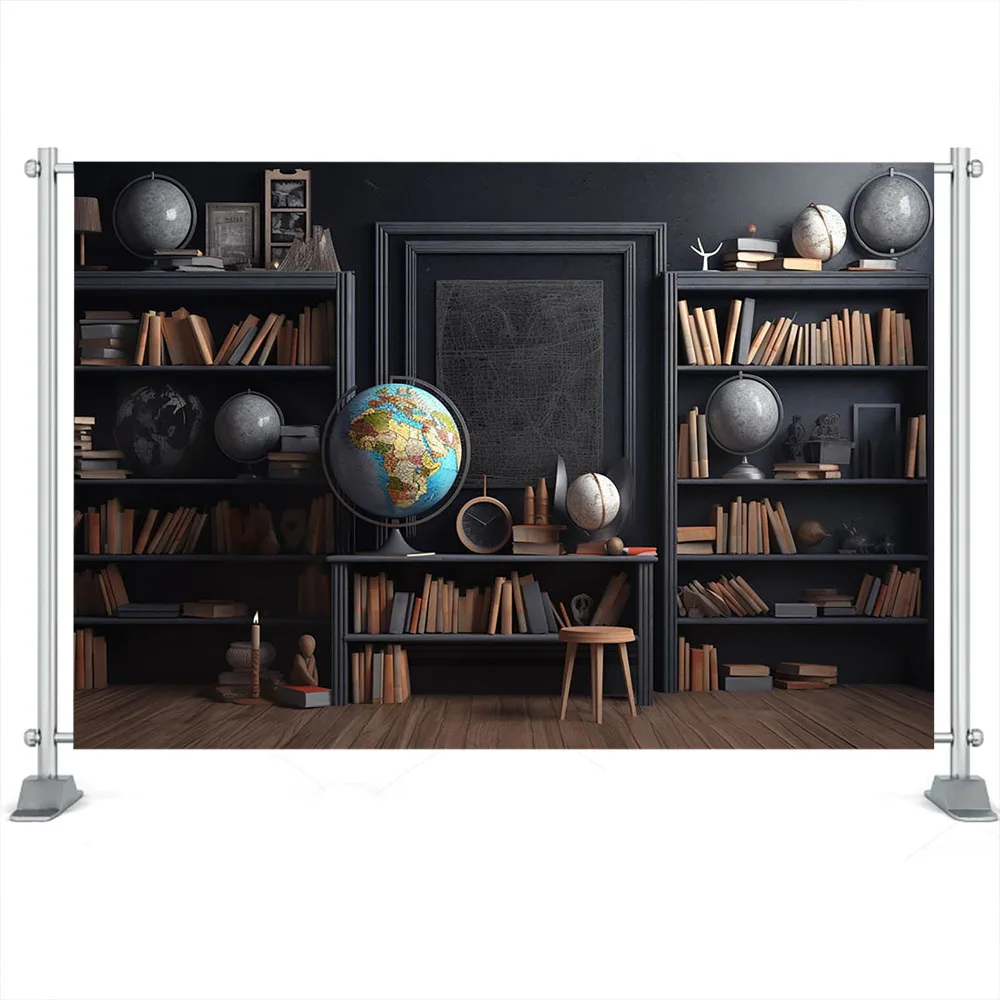 Retro Study Bookcase Decor Interior Background Globe Back to School Photography Backdrop Props Studio Kid Portrait Photocall