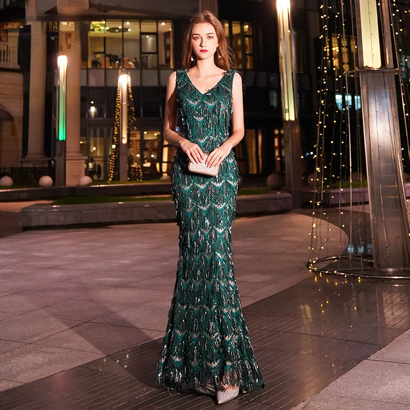 

Green Evening Dresses Long Mermaid V-Neck Sequined Abendkleider Women Robe De Soiree