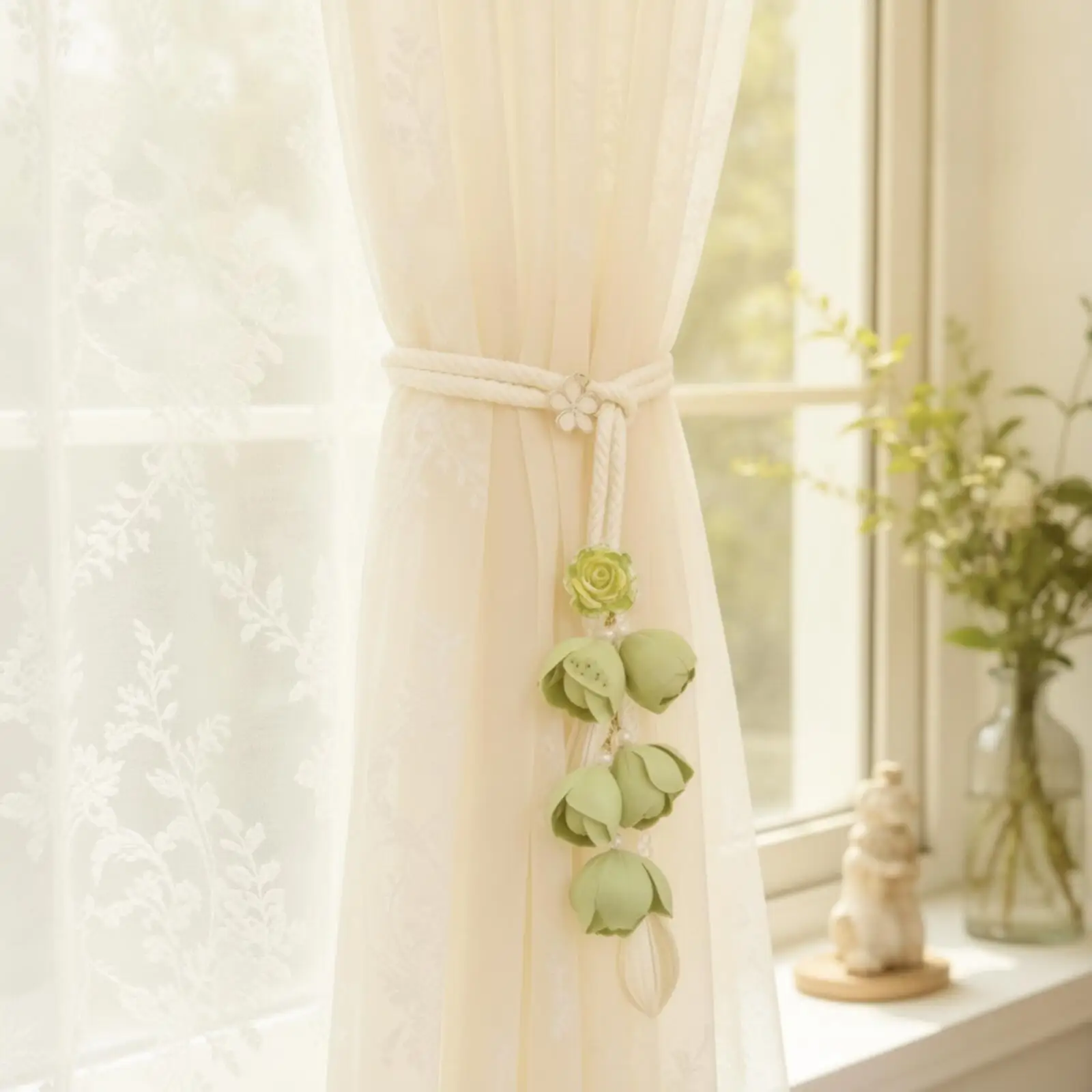 Adjustable Braided Curtain Holdback Decorative Floral Curtain Holdback with Pendant for Window Dressing, Living Room, Reading