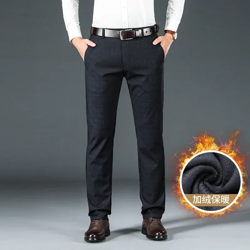 

2025 Winter New Men's Business Warm Casual Pants Classic Style Plaid Fashion Fleece Padded Trousers Male Brand Clothing