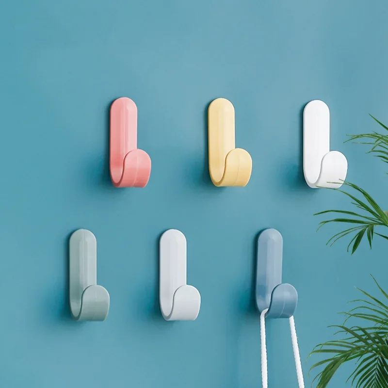 6pcs/set J-shaped Self Adhesive Hooks Plastic Door Wall Hangers Candy Color Strong Hook for Kitchen Bathroom Bedroom Hallway