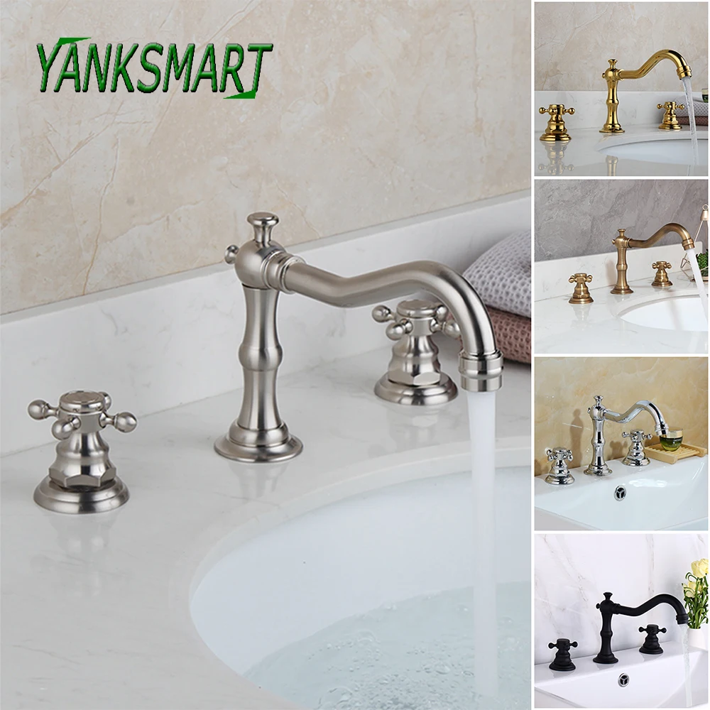 

YANKSMART Bathroom Bathtub Retro Spout Golden Polished 3 Pieces Basin Sink Brass Faucets Deck Mounted Cold & Hot Water Mixer Tap