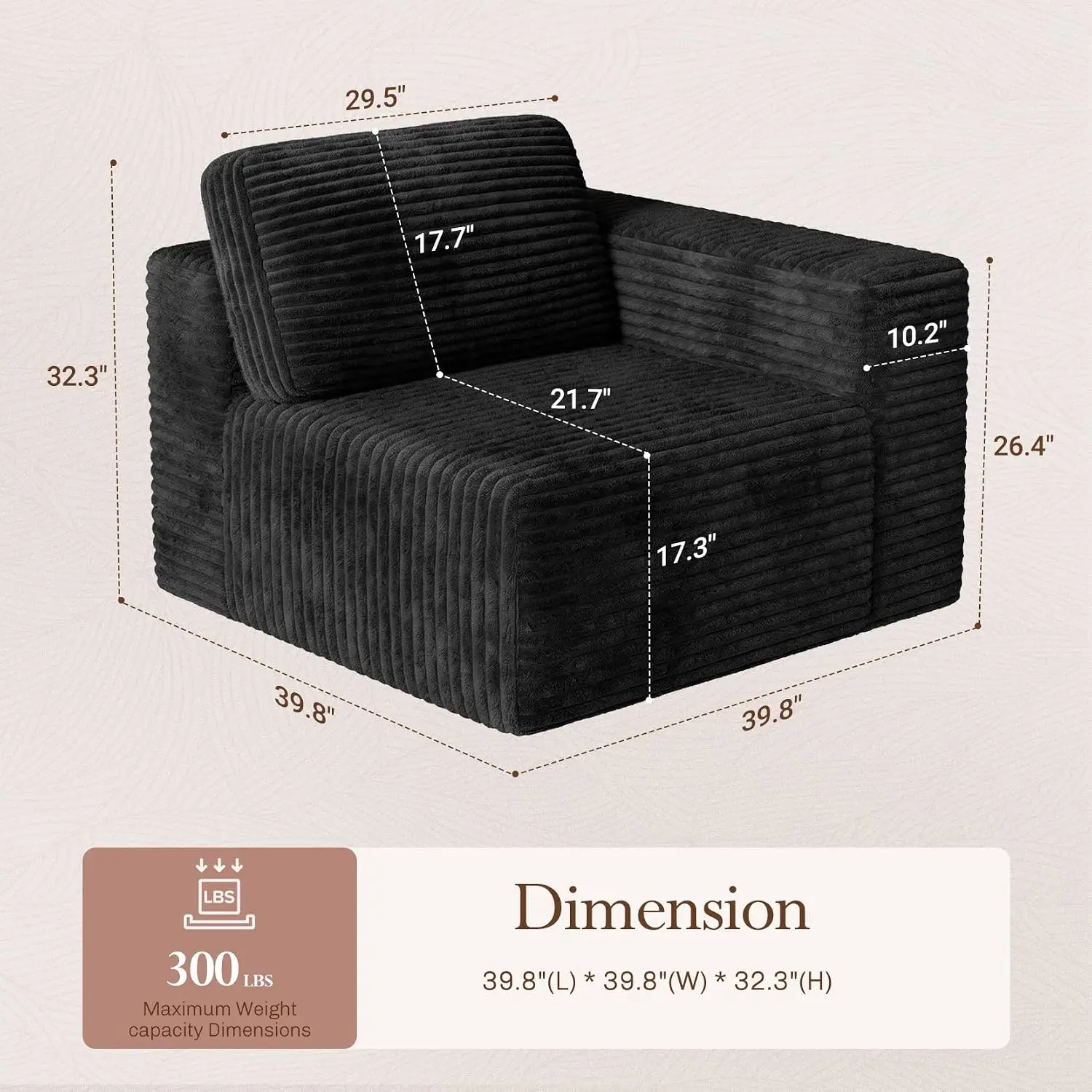 Modular Sectional Right-Arm Chair Corduroy Fabric Black, Customized