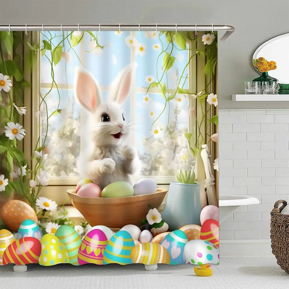 Easter Bunny Shower Curtain Colorful Eggs Rabbit Cute Spring Farmhouse Rustic Holiday Wooden Window Nature Green Leaves Floral