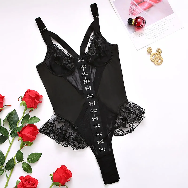 Novo babados saia espartilho senhoras rendas bordado lingerie push up confortável ajuste bodysuit europeu requintado macacão