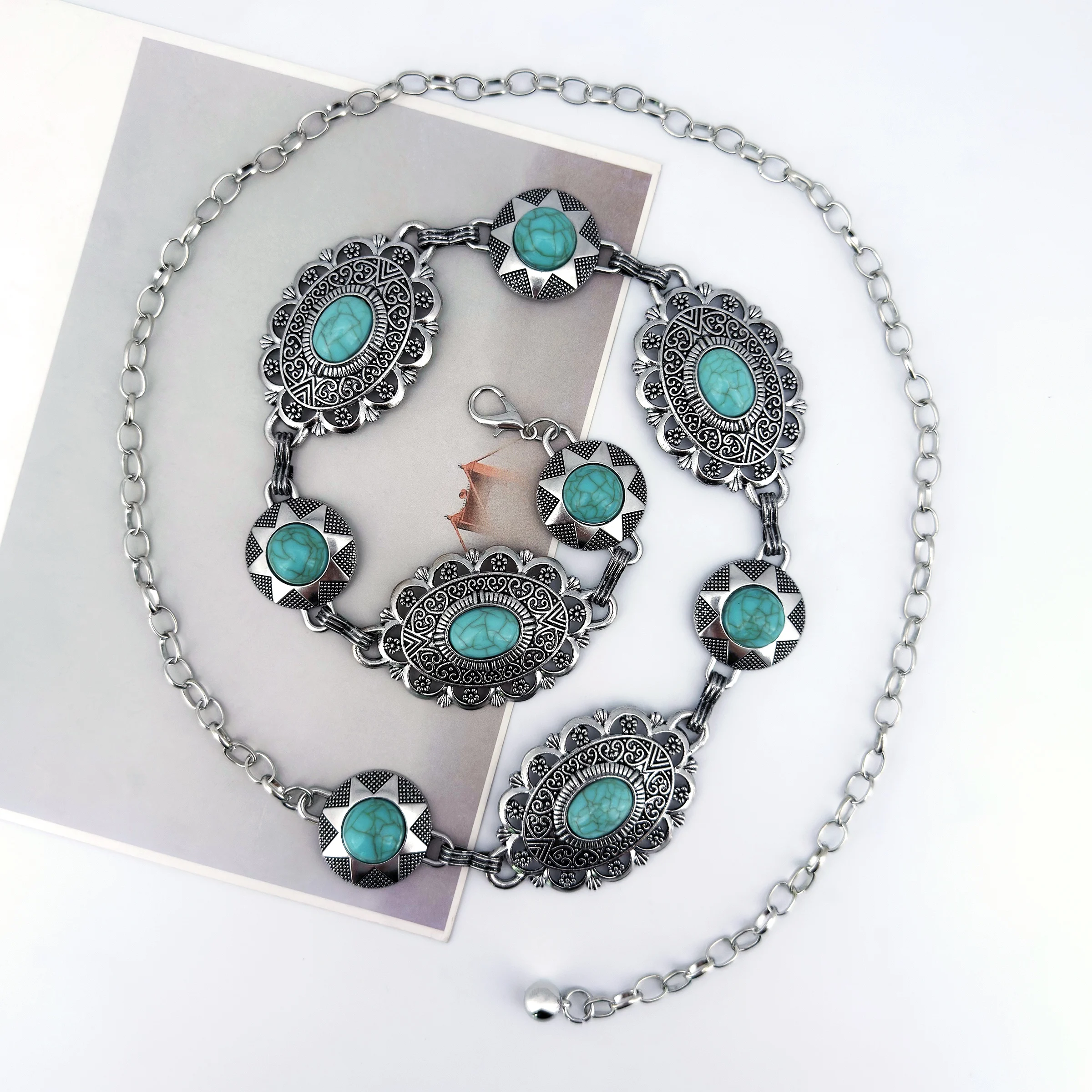 

Роскошная женская юбка с металлическим поясом в западном винтажном этническом стиле, овальная инкрустация бирюзой, соответствующая элитную модную юбку