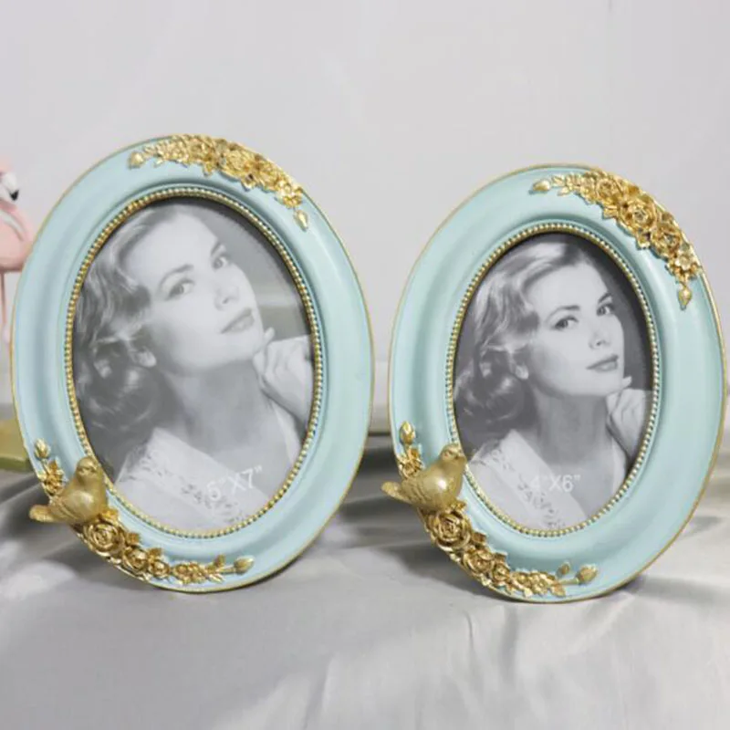 2 Pcs/Set 6 Inch 7 Inch European Style Oval Resin Photo Frame with Bird Rose Decorated Light Luxury Photo Display Holder