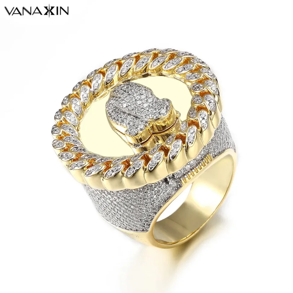 VANAXIN Wide Men Rings Praying Hand CZ Paved Bling Bling Punk Men Jewellery Black Friday Gift Gold Color