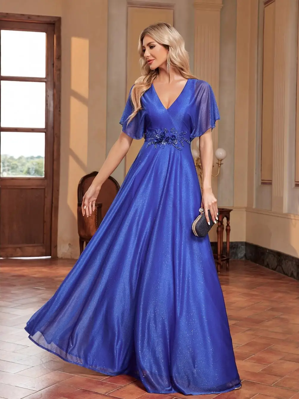 Vestido de baile azul slim fit com mangas flare e patchwork, estilo vestido de dama de honra, suco de vendas internacional...