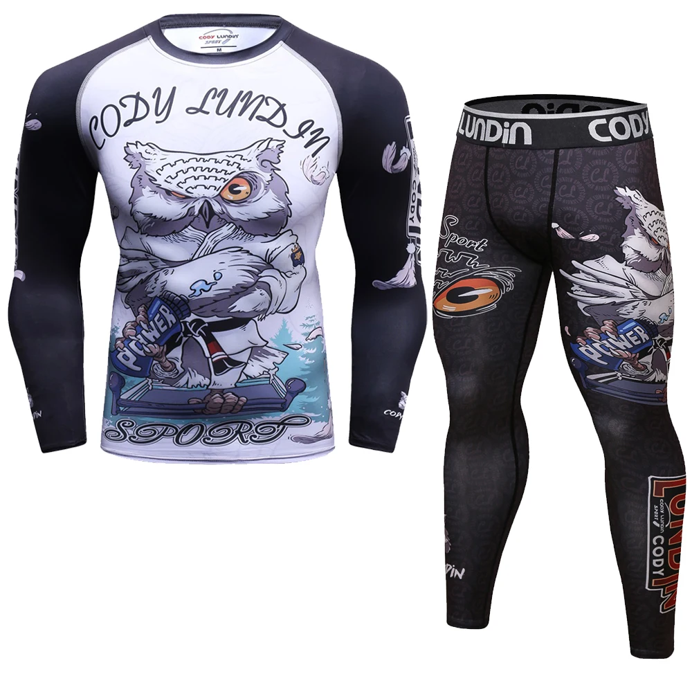 New BJJ MMA Men's Sets Work Out Compression Rashguard Suits Men Exercise 3D Fitness Tights Bodybuild Cross Rash Guard 2Pcs/Set