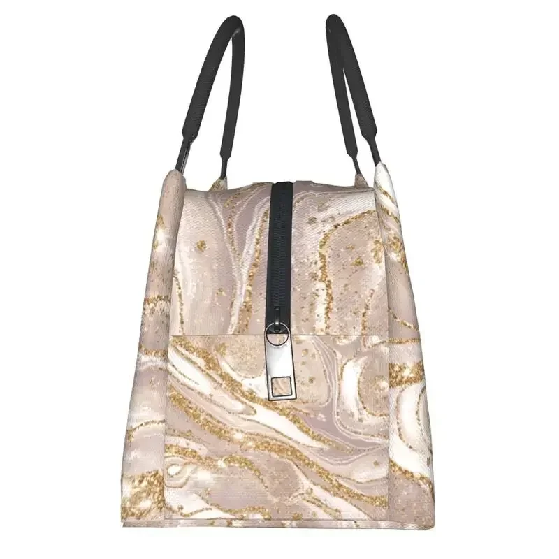 Borsa per il pranzo isolata termicamente con motivo in marmo color oro e crema Borsa per il pranzo portatile con stampa geometrica da donna