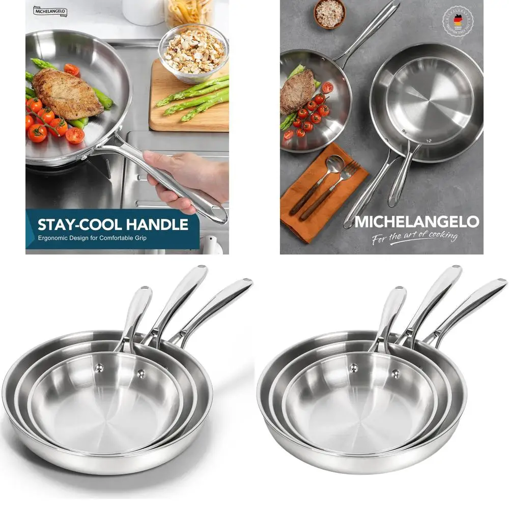 

Stainless Steel Frying Pan Set, 8, 9.5, 11, Triple-Layer Base, Ergonomic Handle, Induction Ready